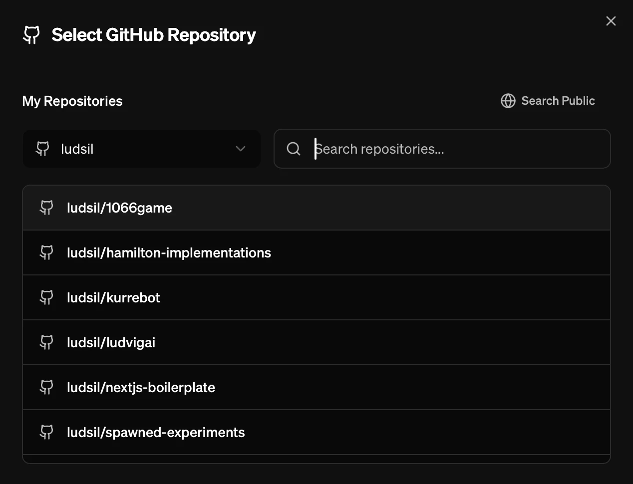 Repository selection popup after clicking GitHub